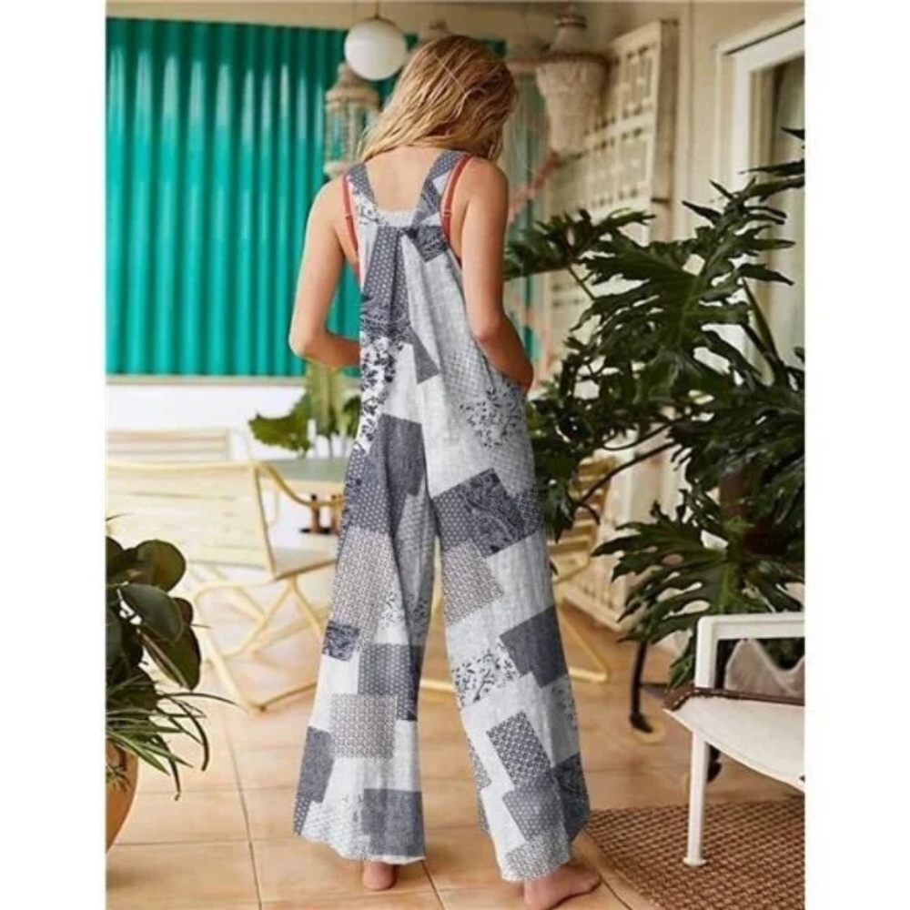 Bohemian Floral Cotton Overalls, Casual Patchwork Jumpsuit - Picture 4 of 7